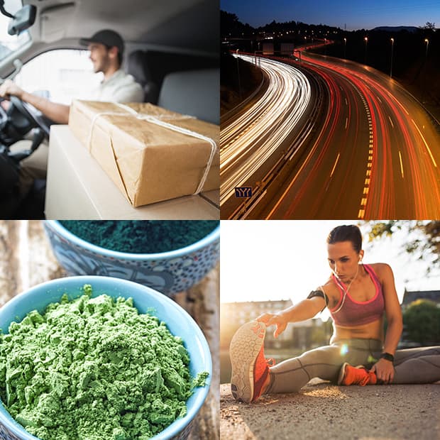 Image block:  1: Driver with package 2: Hwy blurred 3: Supliment powder 4: Woman stretching