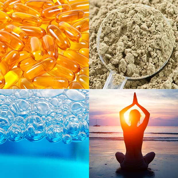 Image: block of 4 images - vitamins, oats, water, woman meditating